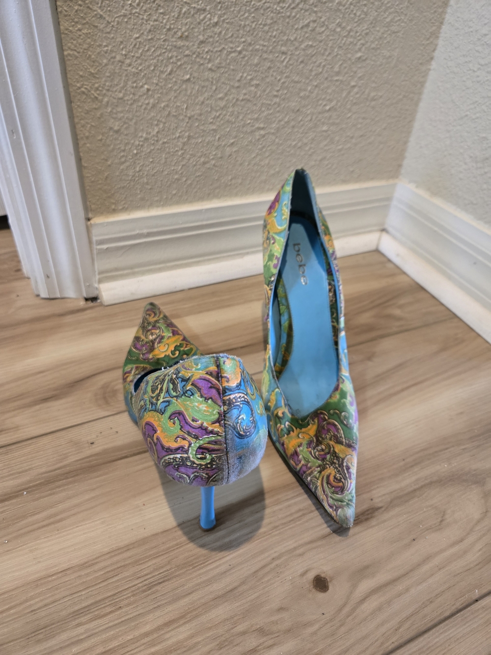 bebe Multicolor Paisley Pointed-Toe Pumps with Blue Lining